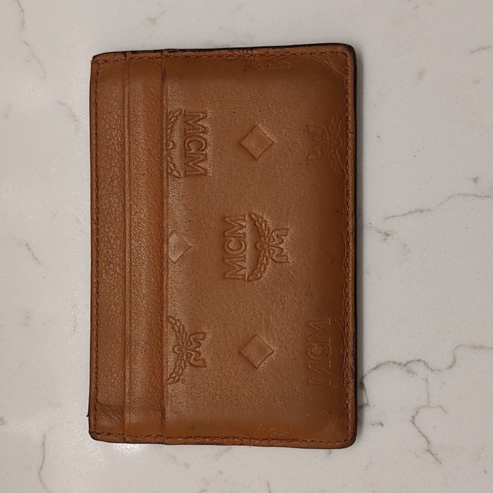 MCM Leather Embossed Card Holder in Cognac